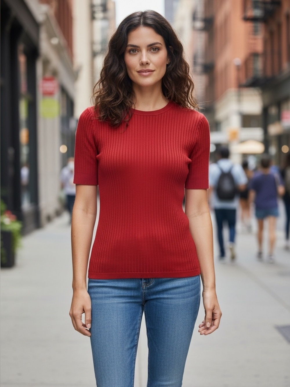 Akris Punto Ribbed Short-Sleeve Sweater in Dark Red size 10